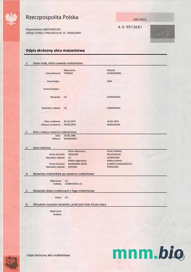 Poland akt małżeństwa szablon in Word i PDF formacie, pink